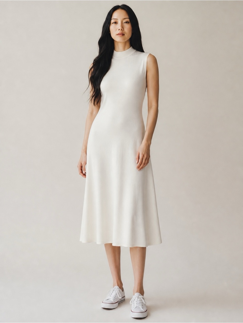 NWT Commense Sleeveless Mock Neck Midi Dress in Ivory Size XS